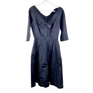 Vintage 1950's Hand Sewn Black A-Line Dress with Bow 3/4 Sleeve Dressy